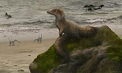 Life restoration of a juvenile Sciurumimus, with two Pterodactylus in the background Sciurumimus on beach.jpg