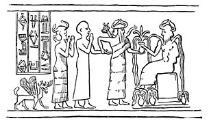 Umzeichnung einer Siegelabrollung, Siegel des Gudea, der von Ningišzida zu Enki geführt wird. Tello, ca. 2150 v. Chr. (Louvre).
