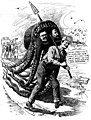 Political cartoon by C. W. Fryer depicting Socialist candidate for President of the United States Eugene V. Debbs hoisting a two-headed octopus labeled "Capitalism" with the faces of Republican candidate Teddy Roosevelt and Democratic candidate Alton B. Parker over his shoulder on a spear labeled "Franchise".