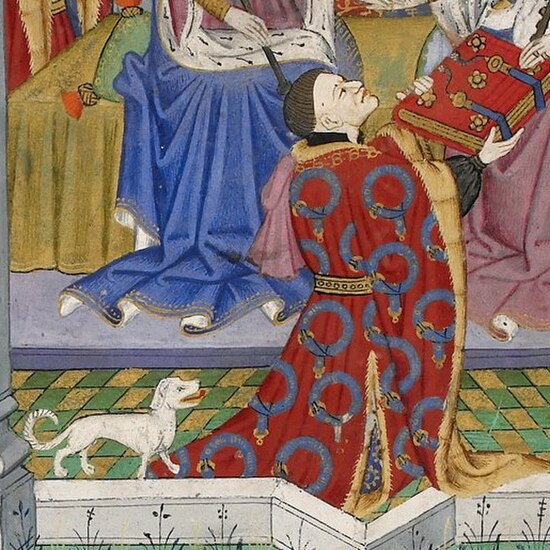 Detail of illuminated miniature from the Talbot Shrewsbury Book showing John Talbot, 1st Earl of Shrewsbury, KG, identified by a talbot dog, presentin