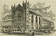 First Masonic Temple at Tremont St. and Temple Place, Boston, 1856. St. Paul's Church is on the left.