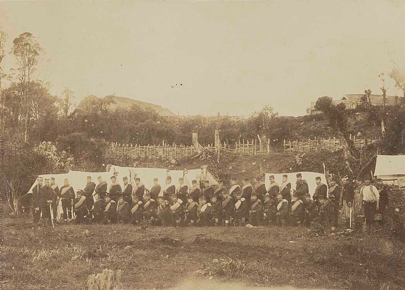 File:Soldiers of the Taranaki Rifles in camp at Parihaka.jpg