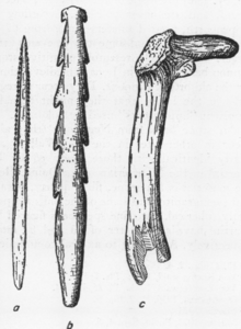 Supposed Solo Man tools: a) stingray barb, b) bone harpoon or spearhead, c) deer antler fragment Solo Valley tools.png