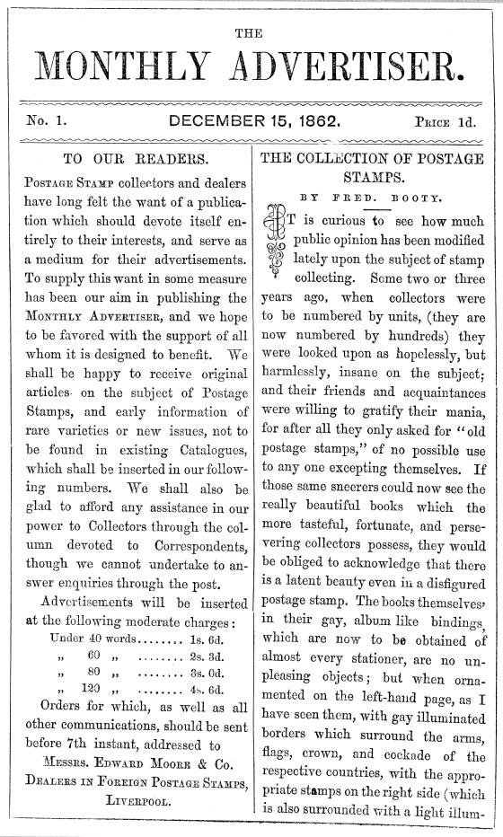 Front cover of first issue of Stamp Collectors' Review and Monthly Advertiser, the world's first dedicated philatelic magazine, initially named The Monthly Advertiser Stamp Collectors' Review and Monthly Advertiser No 1-1862.png