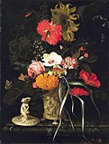 Flowers in a Decorative Vase label QS:Len,"Flowers in a Decorative Vase" label QS:Lpl,"Kwiaty w dekoracyjnym wazonie" label QS:Lnl,"Bloemen in een siervaas" circa 1670-1675. oil on canvas medium QS:P186,Q296955;P186,Q12321255,P518,Q861259 . 62 × 47.5 cm (24.4 × 18.7 in). The Hague, Royal Picture Gallery Mauritshuis.