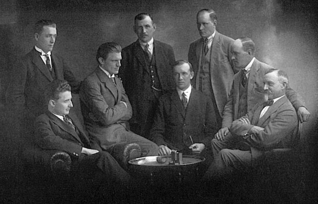 First Communist Party group in the Second Chamber of the Swedish parliament in 1922. Standing from left: Viktor Herou, Verner Karlsson, J. P. Dahlén. 