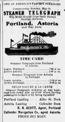 Advertisement for Telegraph service on Portland-Astoria route. Telegraph ad 1906 Astorian.png