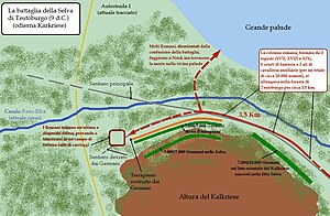 Map showing the defeat of Varus in the Teutoburg Forest. Teutoburgo.jpg