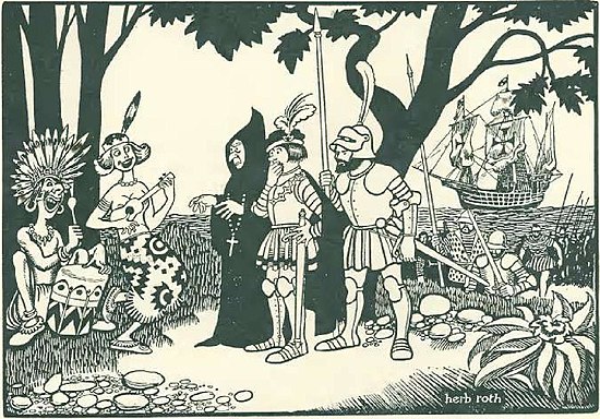 A cartoon of serious conquistadors and a priest encountering Native Americans who are playing music and smiling