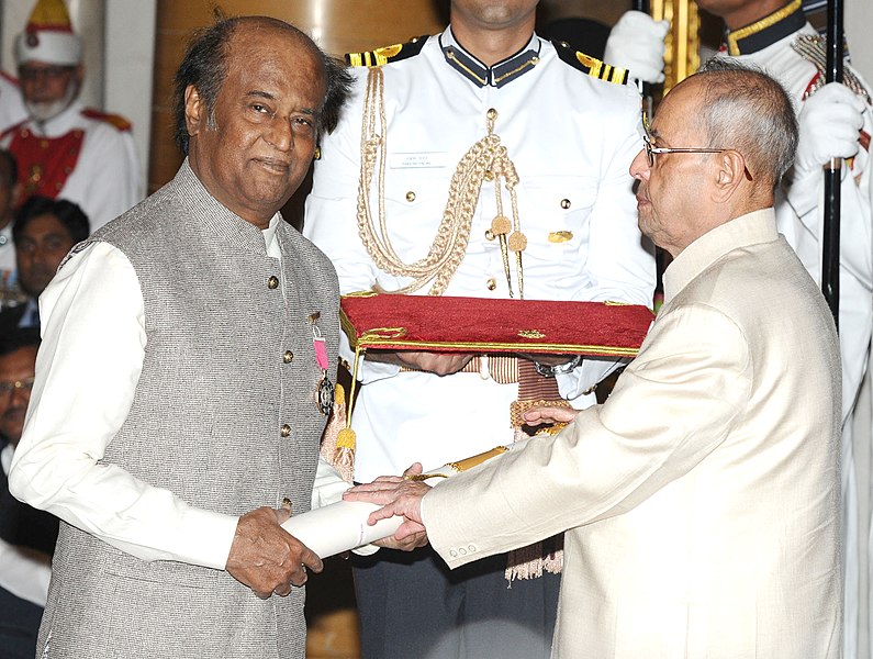 File:The President, Shri Pranab Mukherjee presenting the Padma Vibhushan Award to Shri Rajinikanth, at a Civil Investiture Ceremony, at Rashtrapati Bhavan, in New Delhi on April 12, 2016.jpg