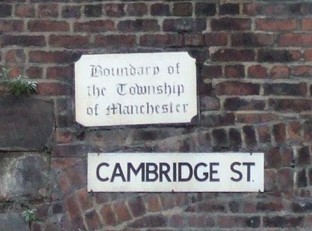 Remaining sign on Cambridge Street, on the southern boundary of the old township. Township of Manchester.JPG