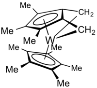 Double tuck-in complexes, such as this derivative of decamethyltungstocene, are typical products of bent metallocenes. Tuck-inMLHGtung.png