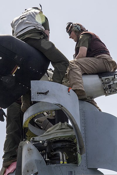 File:U.S. Marines assigned to Marine Medium Tiltrotor Squadron (VMM) 266 attach a rotor to an MV-22B Osprey tiltrotor aircraft while performing maintenance on the flight deck of the amphibious assault ship USS 130504-M-ZC556-024.jpg