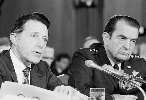 U.S. Secretary of Defense Caspar Weinberger with Chairman of the Joint Chiefs of Staff General David C. Jones during Senate Armed Services Committee H