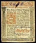 Pennsylvania colonial currency, 20 shilling, 1771 (obverse)