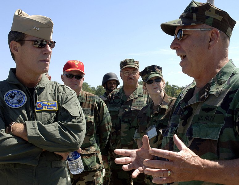 File:US Navy 070912-N-6639M-027 Rear Adm. Donald K. Bullard, commander of Navy Expeditionary Combat Command, and Rear Adm. David O. Anderson, vice commander of U.S. Fleet Forces Command, discuss the progress of Exercise Comet 2007.jpg