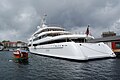 British motor yacht Vibrant Curiosity (IMO 1010002) and the local harbour transport "Beffen" in Bergen in 2009.