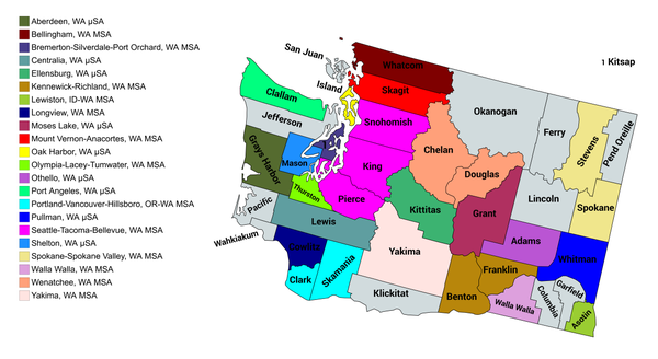 An enlargeable map of the 22 core-based statistical areas in Washington. Washington CBSAs 2020.png