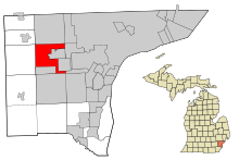 Wayne County Michigan Sisällytetyt ja rekisteröimättömät alueet Westland highlighted.svg