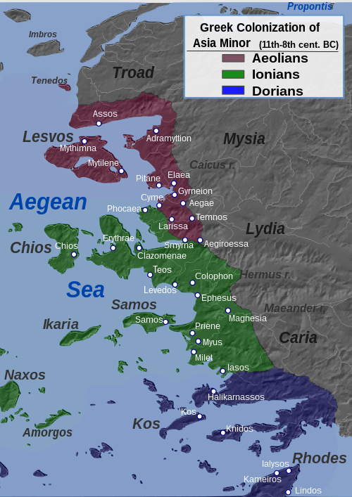 Greek settlements in western Asia Minor, Aeolian area in dark red.