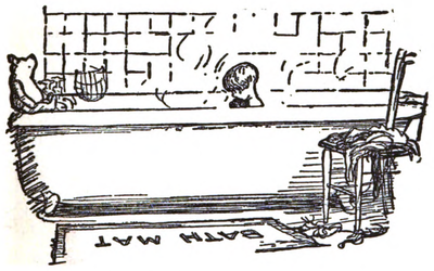 A drawing of Christopher Robin taking a bath with Winnie-the-Pooh resting on the tub