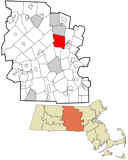 Localização no condado de Worcester e no estado de Massachusetts.