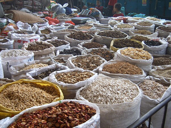 Dried herbs and plant portions for Chinese herbology at a Xi'an market