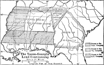 Map of the American Deep south, showing the three areas which constituted the 1789 Yazoo land scandal. Yazoo-Georgia Controversy.png