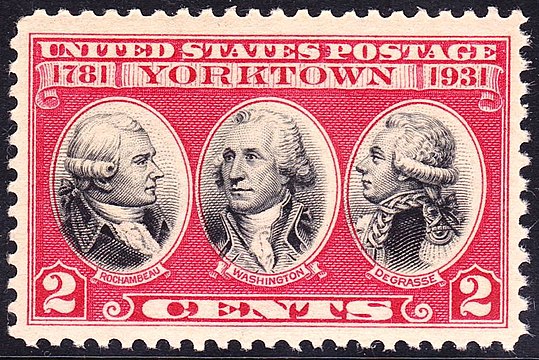 150th anniversary of the Siege of Yorktown stamp featuring Rochambeau, Washington, and de Grasse, issued in 1931