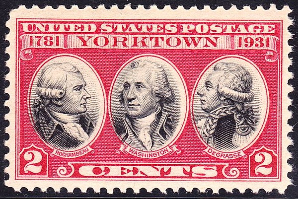 U.S. postage stamp, 1931 issue, honoring Comte de Rochambeau, George Washington, and de Grasse, commemorating the 150th anniversary of the victory at 