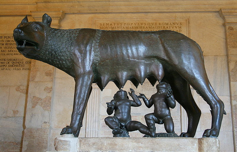 The Capitoline Wolf, a bronze statue of the She-Wolf suckling the twins Romulus and Remus. Date is controversial. Traditionally it has been attributed to the Etruscans and dated to the 5th century BC (although the twins were added in the 15th century). More recent scholarship dates the original piece to the medieval era. Capitoline Museum, Rome