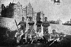 Pitt baseball circa the 1890s when the school was known as the Western University of Pennsylvania. The players are posing in front of Main Hall when the campus was located on Observatory Hill on Pittsburgh's North Side. 1890sPittbaseball.jpg