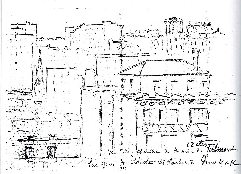 File:1913-03-20 Ch-de-Fréminville=croquis de la vue de sa chambre du 12° étage de l'hôtel Belmont à New York.jpg