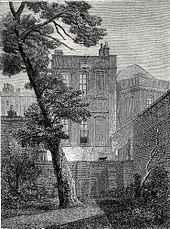 The back of No. 19, York Street (1848). In 1651 John Milton moved into a "pretty garden-house" in Petty France. He lived there until the Restoration. Later it became No. 19 York Street, belonged to Jeremy Bentham, was occupied successively by James Mill and William Hazlitt, and finally demolished in 1877. 19 York Street, Westminster (1848).jpg