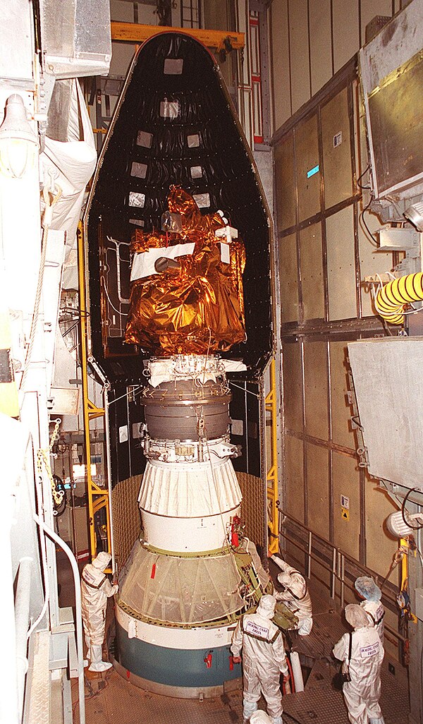 The spacecraft encapsulated in Delta II rocket fairing