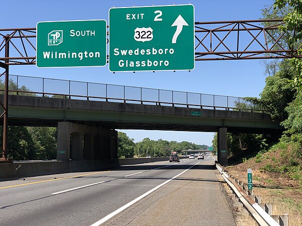 The New Jersey Turnpike southbound at Exit 2 for U.S. Route 322 in Woolwich Township