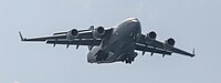 A US Air Force C-17 Globemaster III, tail 00-0171, on final approach to Kadena Air Base in Okinawa, Japan. It is assigned to the 176th Wing of the Alaska Air National Guard, and is originally from Joint Base Elmendorf–Richardson in Anchorage, Alaska.