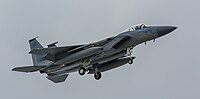 A US Air Force F-15C Eagle, tail number 85-0107, on final approach at Kadena Air Base in Okinawa, Japan. It is assigned to the 44th Fighter Squadron at Kadena AB.