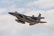 An F-15C Eagle, tail number 86-0160, taking off from RAF Lakenheath in the United Kingdom. The aircraft is assigned to the 493rd Fighter Squadron.