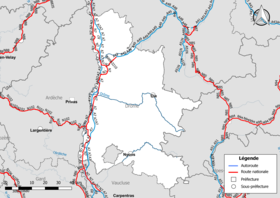 Drôme bölümündeki ulusal yol ağının (karayolları ve ulusal yollar) haritası