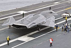 A F/A-37 Talon mockup on the flight deck of the USS Abraham Lincoln from the film Stealth ASW Fake FA37 1.jpg