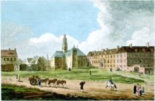 View of the closed Jesuit College in 1761. The college was forced to close in 1759 with the beginning of British rule. A View of the Jesuits College and Church - Vue de l Eglise et du College des Jesuites , 1761.png