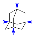 Adamantan – die vier blauen Pfeile weisen auf die Brückenkopfatome (Kohlenstoffatome)