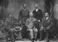 Henry M. Stanley with the officers of the Advance Column, Cairo, 1890. From the left: Dr. Thomas Heazle Parke, Robert H. Nelson, Henry M. Stanley, William G. Stairs, and Arthur J. M. Jephson