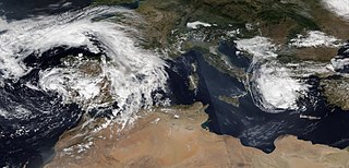 Subtropical Storm Alpha (left) making landfall in Portugal and Medicane Ianos (right) in the Mediterranean approaching Greece on 18 September. Alpha and Ianos 2020-09-18.jpg