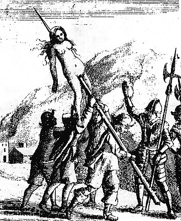 Print illustrating the 1655 massacre in La Torre, from Samuel Moreland's History of the Evangelical Churches of the Valleys of Piedmont, published in London in 1658