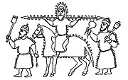 Ilustración árabe que muestra a soldados sosteniendo un tubo de fuego a la izquierda, un matraz/bomba de nafta y midfa a la derecha, y un jinete sosteniendo cartuchos de pólvora en el medio, de Rzevuski MS, c.  1320-1350[59]