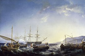 Seascape of a number of smaller ships with people on them. The ship in the center is a rowboat with two French flags and there are some larger, multi-masted ships in the background.