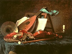 Vallayer-Costeri Anne maal "Muusigariistaq", 1770. S'oo maali pääl ommaq mitmõq prantsusõ barokiaigsõq pilliq: passun, flüüt, toropill, viiol ja lauto.