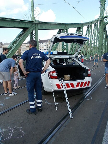 File:Autofreier Tag, BKK Škoda, Heckansicht, Freiheitsbrücke, 2023 Budapest.jpg